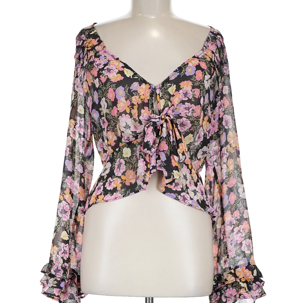 Free People Sheer Floral Tie-Front Blouse - Pink, Black & Yellow